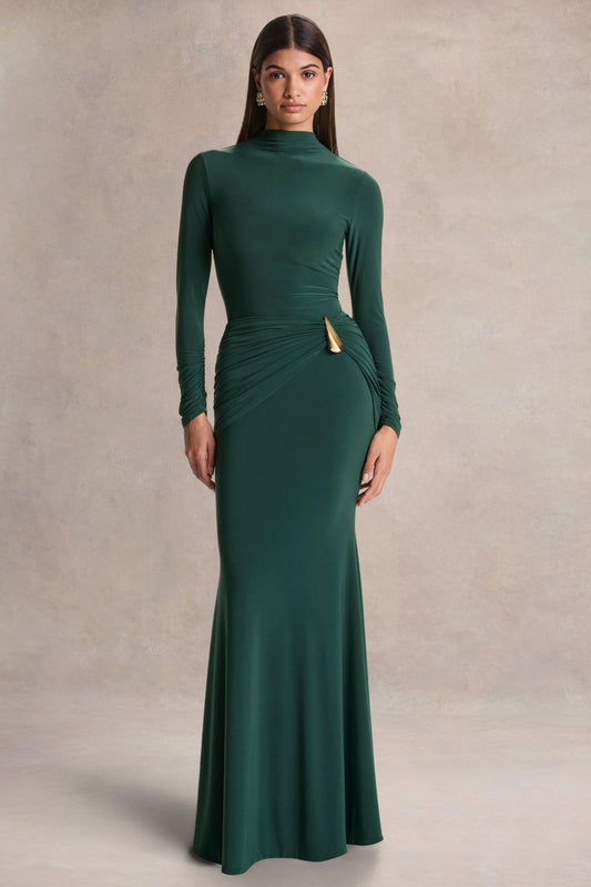 Solarium | Vestido Largo Verde de Manga Larga con Detalle Dorado