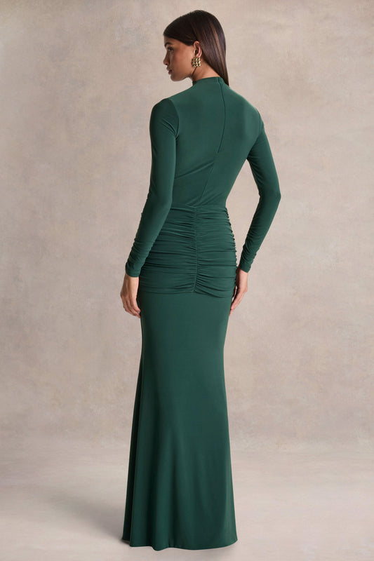 Solarium | Vestido Largo Verde de Manga Larga con Detalle Dorado