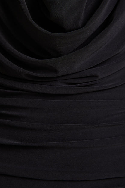 Griselda | Vestido Midi Negro de Escote Pronunciado con Mangas Largas Transparentes