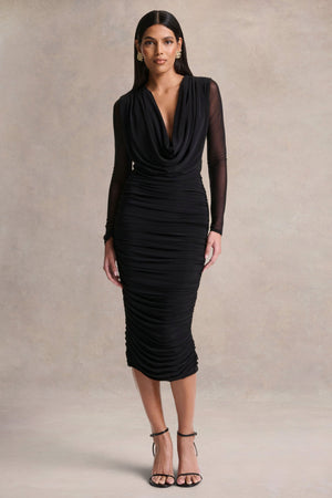 Griselda | Vestido Midi Negro de Escote Pronunciado con Mangas Largas Transparentes