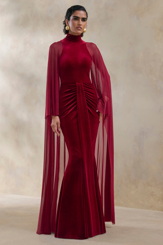 Adoring | Vestido largo burdeos de terciopelo con escote alto