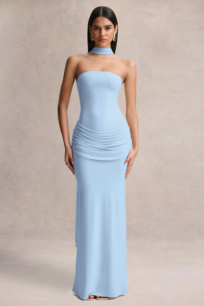 Graciella | Vestido Largo Azul Claro Bandeau Con Drapeado Y Pañuelo