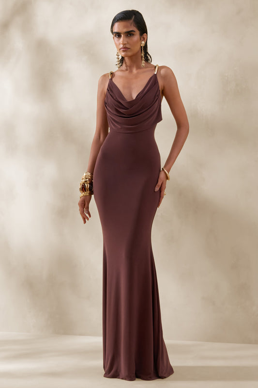Iridessa | Vestido Largo Marrón de Escote Pronunciado