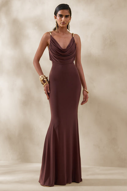 Iridessa | Vestido Largo Marrón de Escote Pronunciado