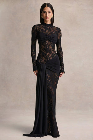 Akira | Vestido Largo de Encaje Negro con Detalle de Fajín