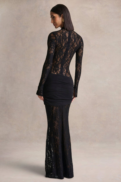 Akira | Vestido Largo de Encaje Negro con Detalle de Fajín