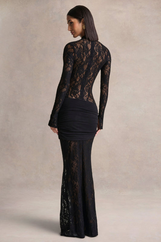 Akira | Vestido Largo de Encaje Negro con Detalle de Fajín