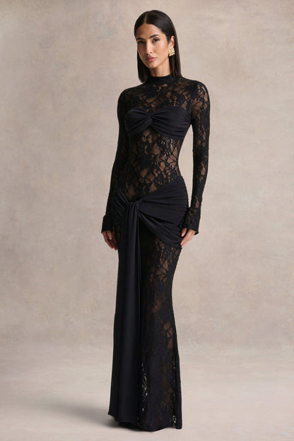 Akira | Vestido Largo de Encaje Negro con Detalle de Fajín