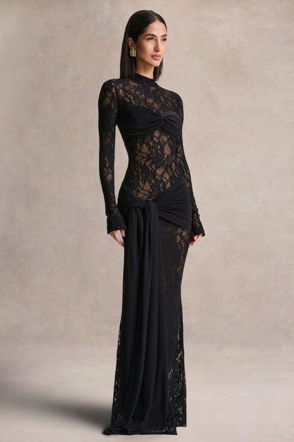 Akira | Vestido Largo de Encaje Negro con Detalle de Fajín