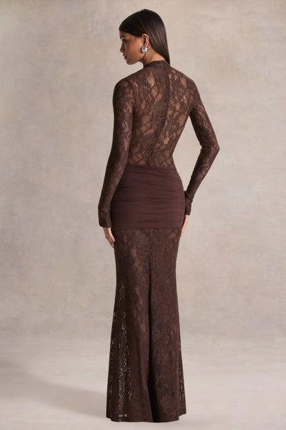 Akira | Vestido Largo de Encaje Marrón con Detalle de Fajín