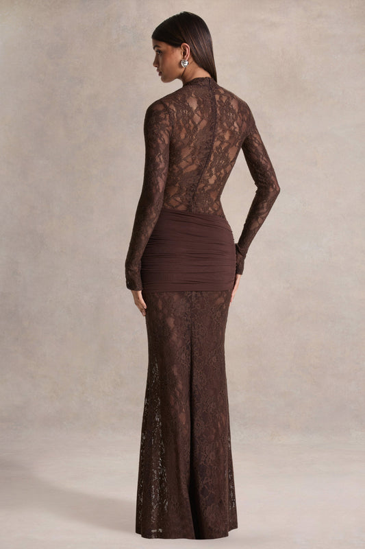 Akira | Vestido Largo de Encaje Marrón con Detalle de Fajín