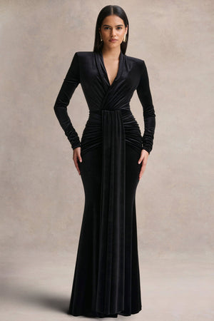 Halima | Vestido Largo de Terciopelo Negro con Escote Profundo y Detalle Fruncido