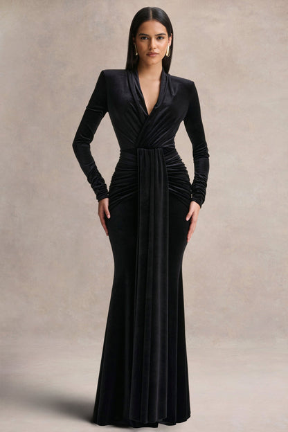 Halima | Vestido Largo de Terciopelo Negro con Escote Profundo y Detalle Fruncido