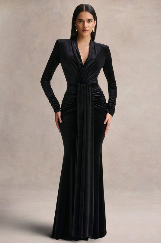 Halima | Vestido Largo de Terciopelo Negro con Escote Profundo y Detalle Fruncido
