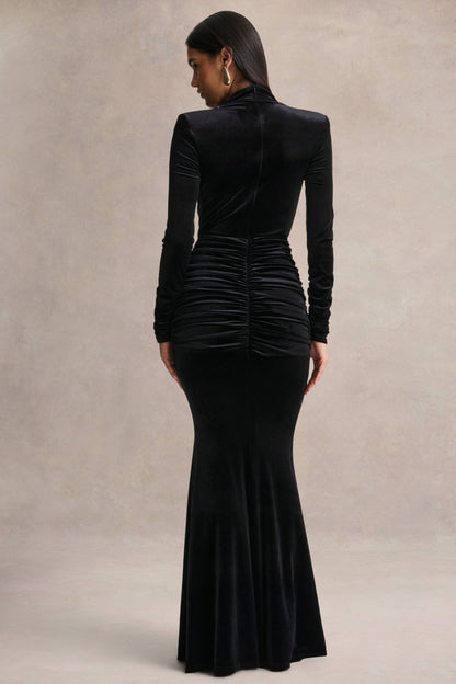 Halima | Vestido Largo de Terciopelo Negro con Escote Profundo y Detalle Fruncido