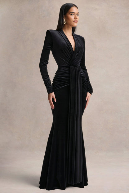 Halima | Vestido Largo de Terciopelo Negro con Escote Profundo y Detalle Fruncido