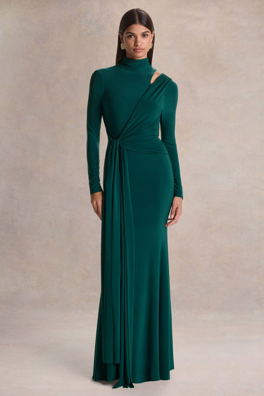 Alastrina | Vestido Largo Verde Oscuro con Cuello Alto y Detalle Fruncido