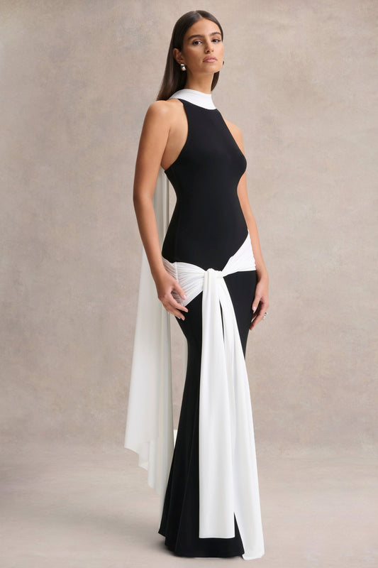 Dorinda | Vestido Largo Negro y Blanco de Cuello Alto con Detalle de Drapeado y Fajín
