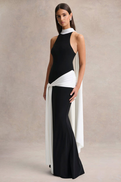 Dorinda | Vestido Largo Negro y Blanco de Cuello Alto con Detalle de Drapeado y Fajín