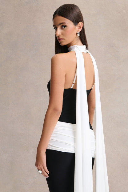 Dorinda | Vestido Largo Negro y Blanco de Cuello Alto con Detalle de Drapeado y Fajín