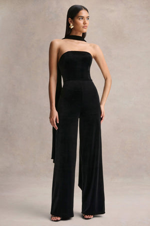 Arcane | Mono de Terciopelo Negro con Escote Bandeau y Detalle De Bufanda