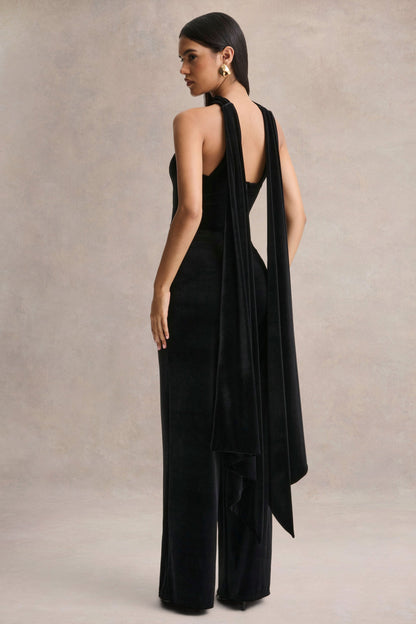 Arcane | Mono de Terciopelo Negro con Escote Bandeau y Detalle De Bufanda