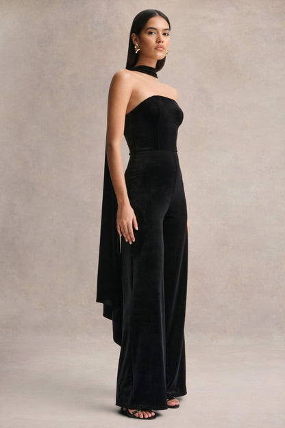 Arcane | Mono de Terciopelo Negro con Escote Bandeau y Detalle De Bufanda