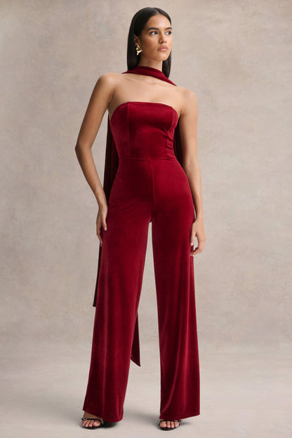 Arcane | Mono de Terciopelo Burdeos con Escote Bandeau y Detalle De Bufanda
