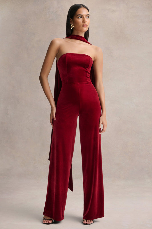 Arcane | Mono de Terciopelo Burdeos con Escote Bandeau y Detalle De Bufanda