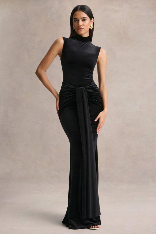 Idalina | Vestido Largo Negro de Terciopelo con Cuello Alto y Detalle Fruncido