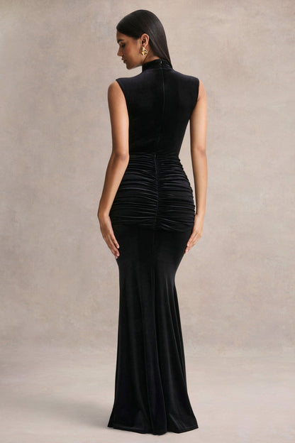 Idalina | Vestido Largo Negro de Terciopelo con Cuello Alto y Detalle Fruncido
