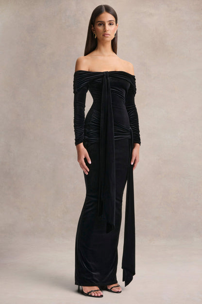 Jessara | Vestido Largo Negro con Escote Bardot y Detalles de Nudos
