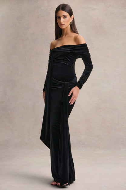 Jessara | Vestido Largo Negro con Escote Bardot y Detalles de Nudos