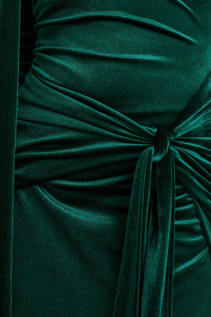 Jessara | Vestido largo verde botella bardot con detalles de nudo