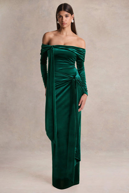 Jessara | Vestido largo verde botella bardot con detalles de nudo