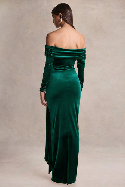 Jessara | Vestido largo verde botella bardot con detalles de nudo