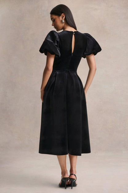 Seraphic | Vestido Midi Negro de Terciopelo con Mangas Abullonadas