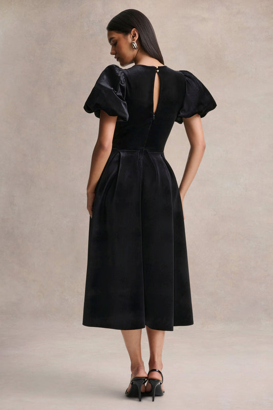 Seraphic | Vestido Midi Negro de Terciopelo con Mangas Abullonadas