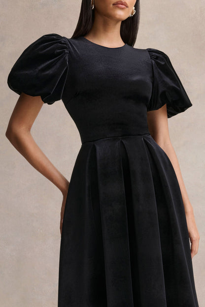 Seraphic | Vestido Midi Negro de Terciopelo con Mangas Abullonadas
