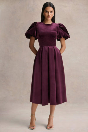 Seraphic | Vestido Midi de Terciopelo Burdeos con Mangas Abullonadas