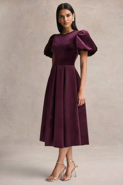 Seraphic | Vestido Midi de Terciopelo Burdeos con Mangas Abullonadas