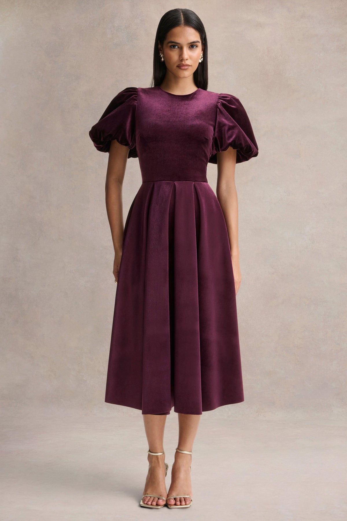 Seraphic | Vestido Midi de Terciopelo Burdeos con Mangas Abullonadas