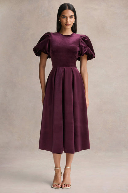 Seraphic | Vestido Midi de Terciopelo Burdeos con Mangas Abullonadas