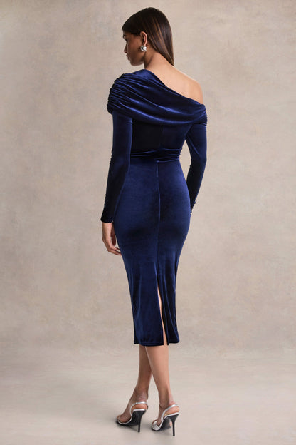 Eirene | Vestido midi de terciopelo azul con escote asimétrico