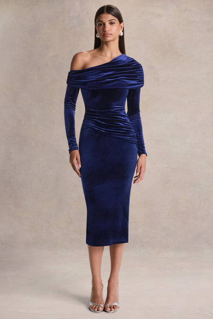 Eirene | Vestido midi de terciopelo azul con escote asimétrico