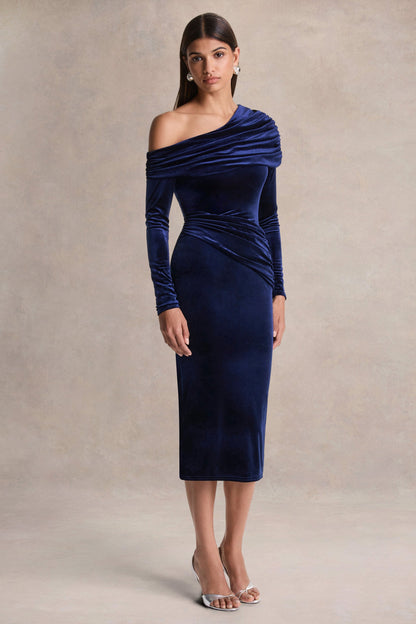 Eirene | Vestido midi de terciopelo azul con escote asimétrico