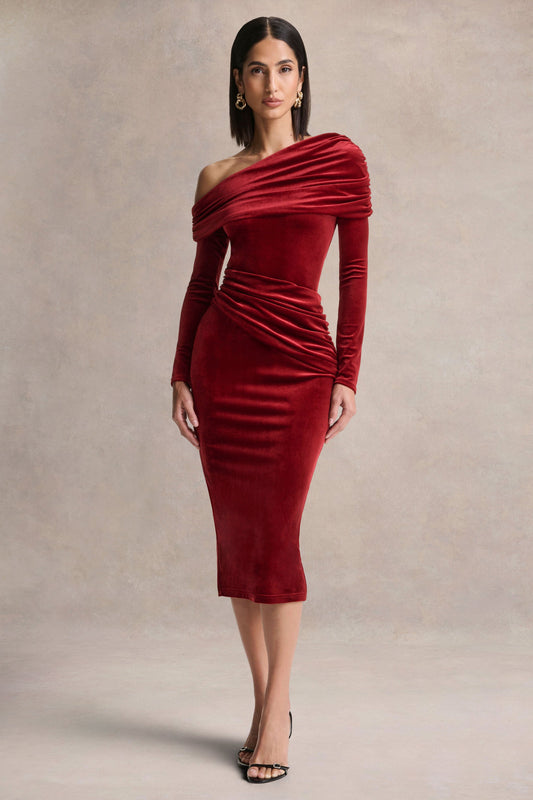 Eirene |  Eirene Vestido midi de terciopelo rojo con escote asimétrico