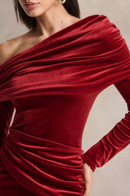 Eirene |  Eirene Vestido midi de terciopelo rojo con escote asimétrico