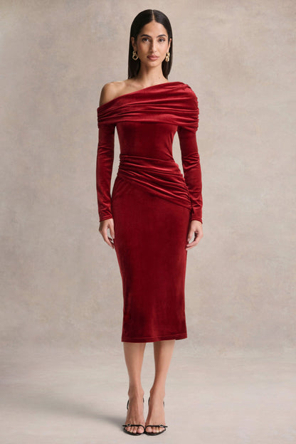 Eirene |  Eirene Vestido midi de terciopelo rojo con escote asimétrico