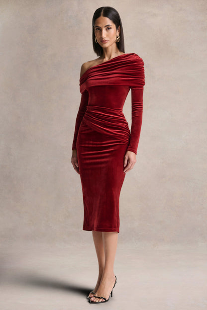 Eirene |  Eirene Vestido midi de terciopelo rojo con escote asimétrico